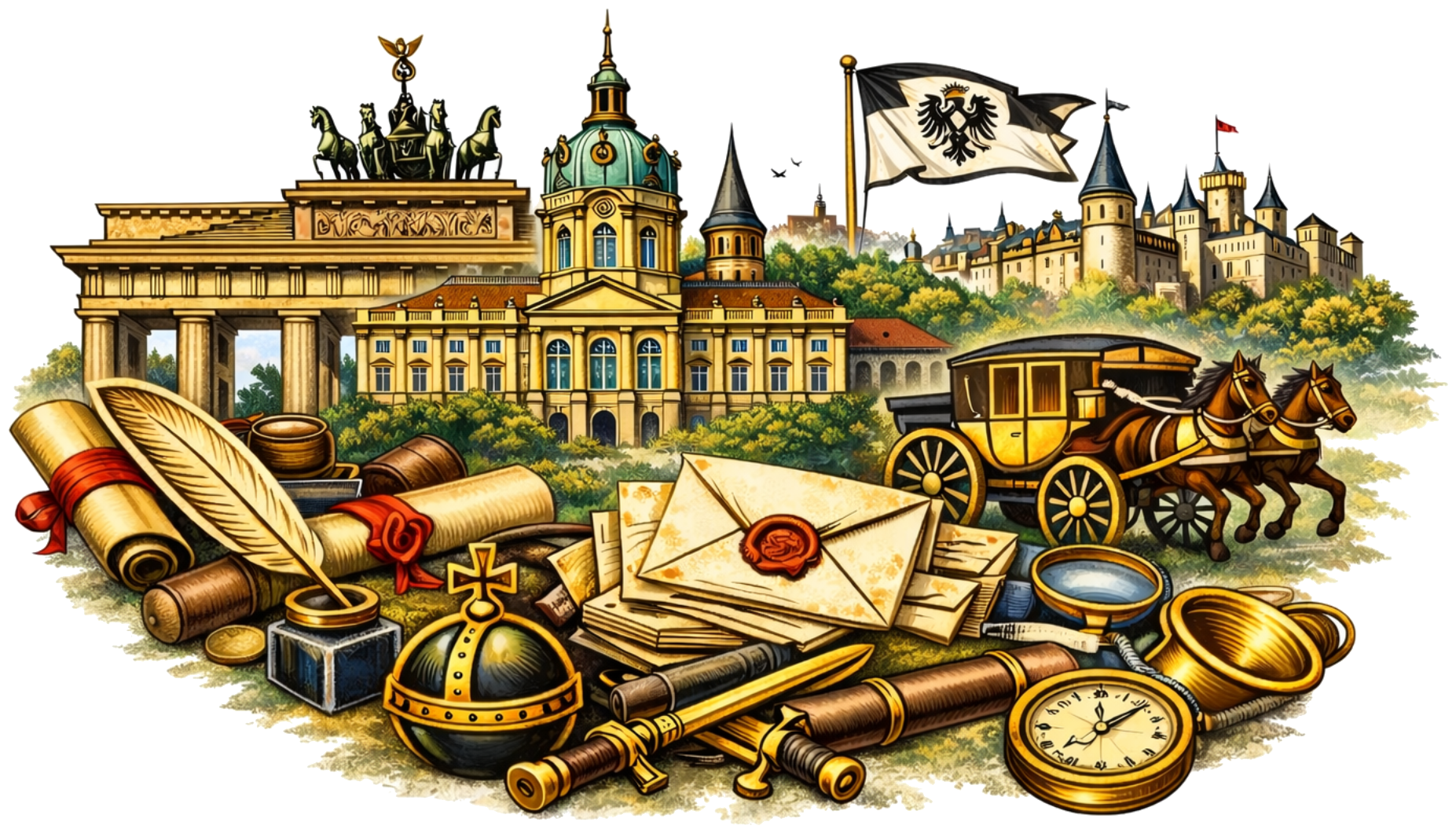 Historische Illustration zu Preussen, Postwesen und staatlichen Symbolen