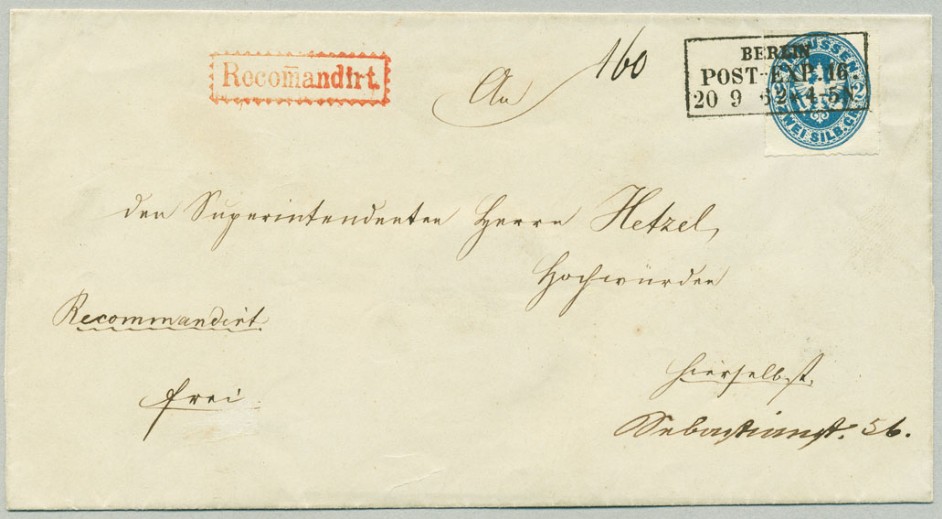 Eingeschriebener Ortsbrief aus Berlin von 1862 mit seltener preußischblauer 2-Sgr.-Marke der 4. Ausgabe und rotem „Recomandirt“-Stempel.