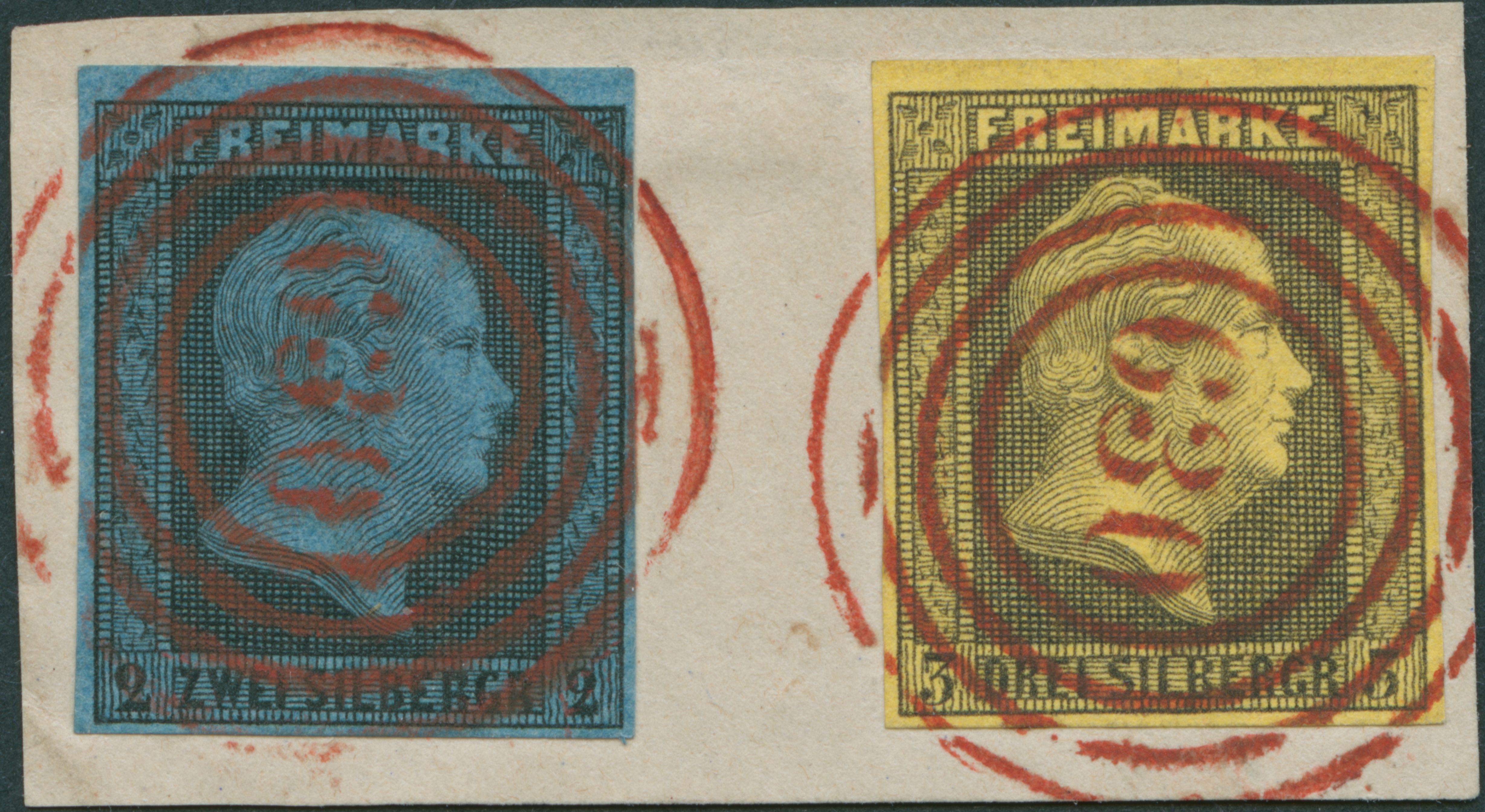 630 (Hirschberg, Regierungsbezirk Liegnitz) in rot auf Briefstück, 2 Silbergroschen schwarz auf blau und 3 Silbergroschen schwarz auf gelb