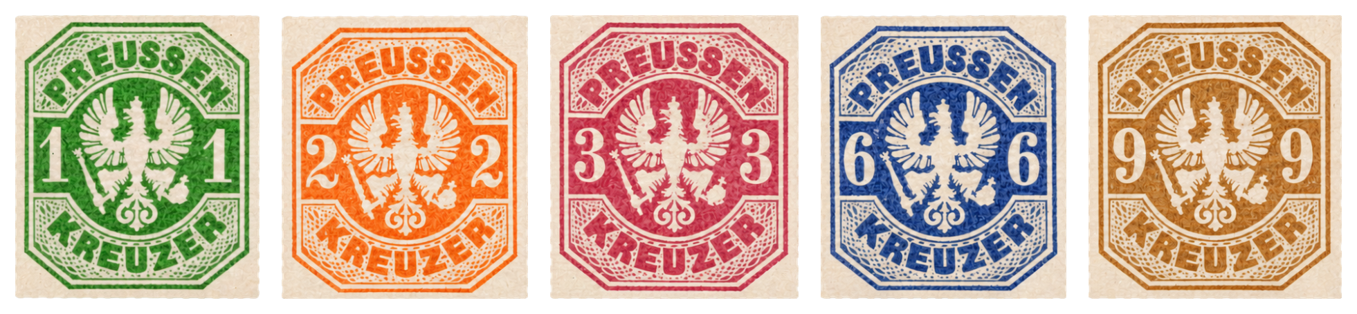 2. Wappenausgabe in Kreuzerwährung die 5 Wertstufen in ungebrauchter Erhaltung (digital verbessert zur Darstellung, nicht zum direkten Vergleich geeignet.)