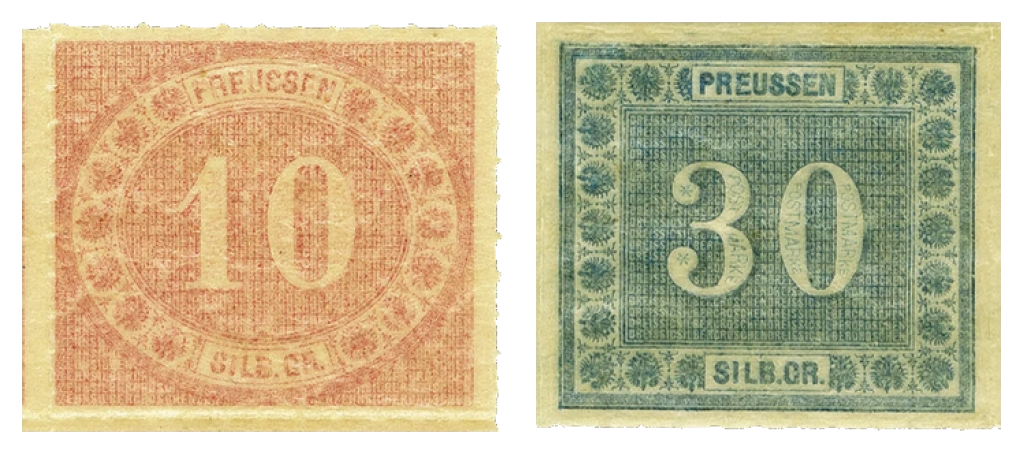 10 Silbergroschen rot und 30 Silbergroschen blau in ungebrauchter Erhaltung